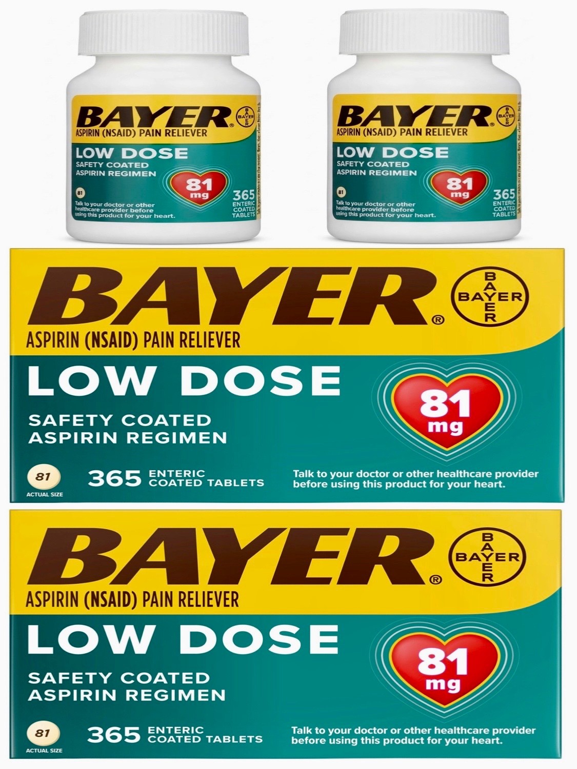 2 Pack Bayer Low Dose Aspirin 81 mg 730 ct Total (2x 365 ct) Pain Reliever USA