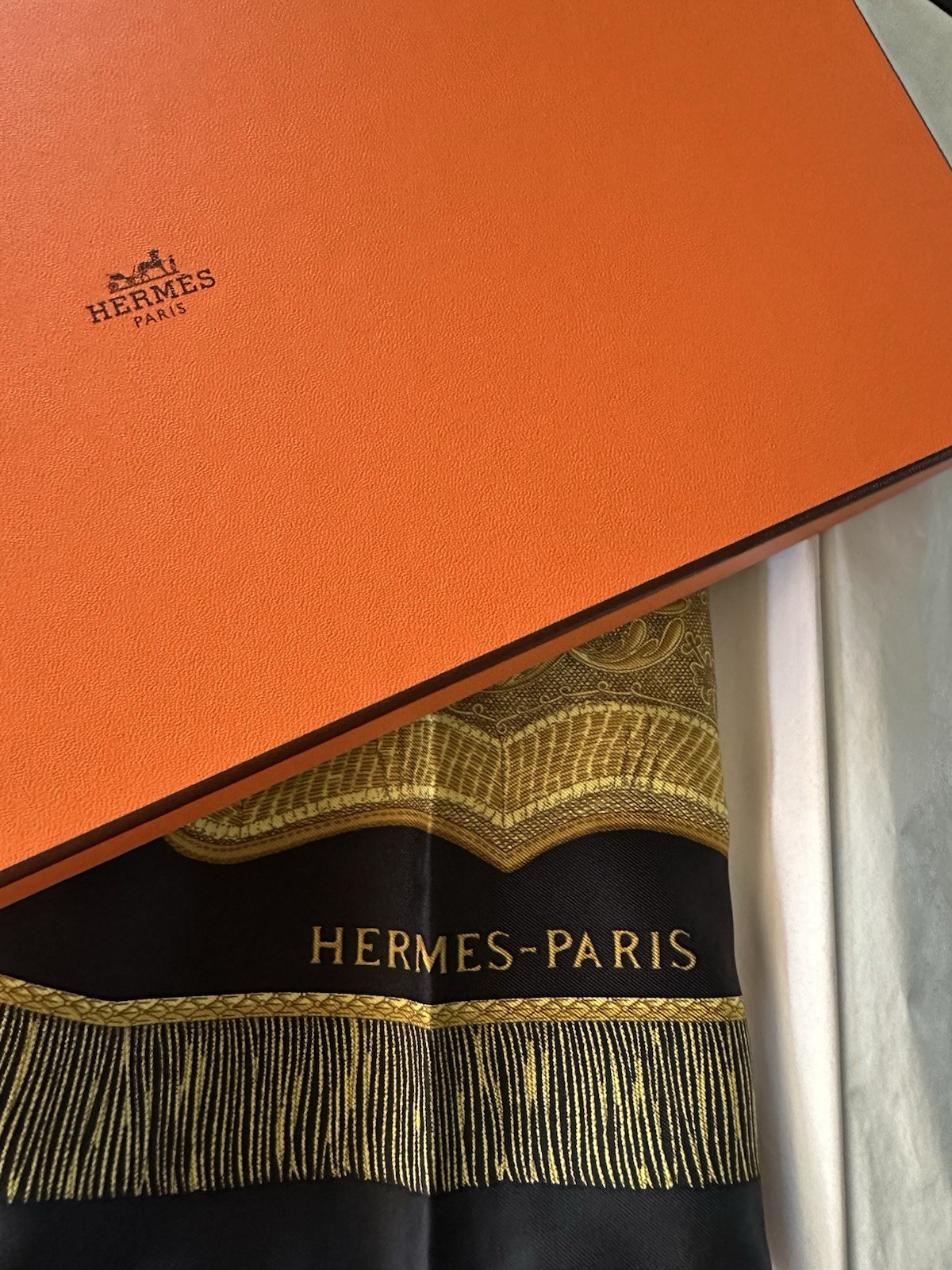 HERMÈS Silk Carre 90 Scarf Black Gold Blue Red “Poste et Cavalerie” with box