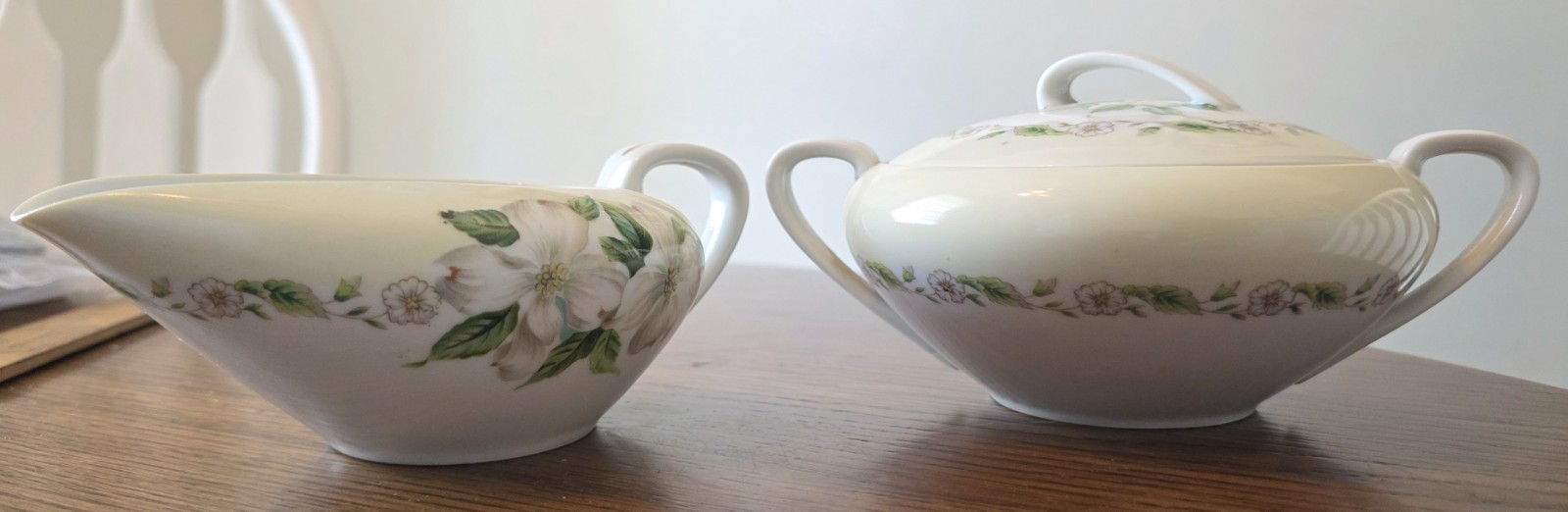 Vintage Noritake Dogwood China Gravy Boat Underplate & Covered Sugar Bowl Set