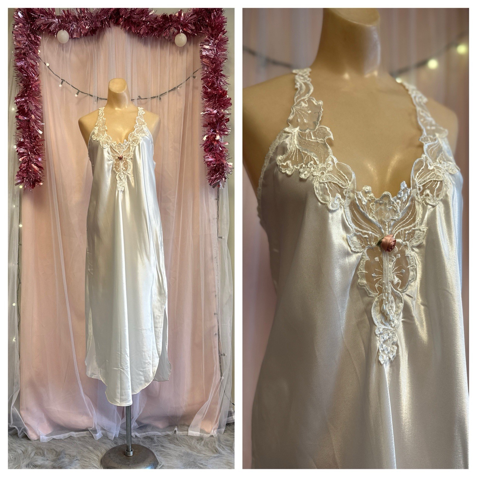 Vintage 90s Liquid Satin Nightgown White Lace California Dynasty Lingerie L/XL