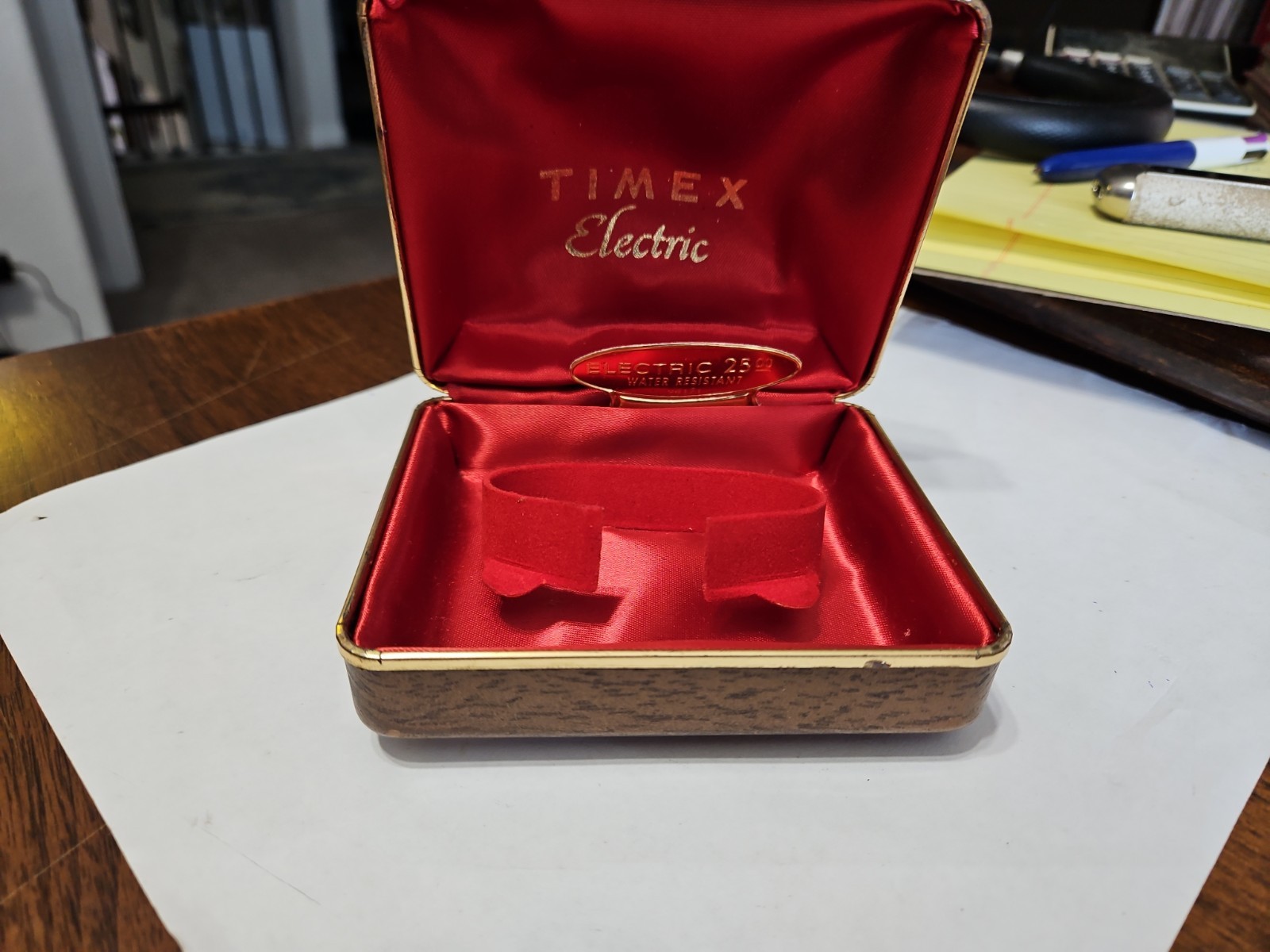 Vintage TIMEX Electric Watch Presentation Box Wood Grain Red Liner Papers 1970 Vintage TIMEX Electric Watch Presentation Box Wood Grain Red Liner Papers 1970