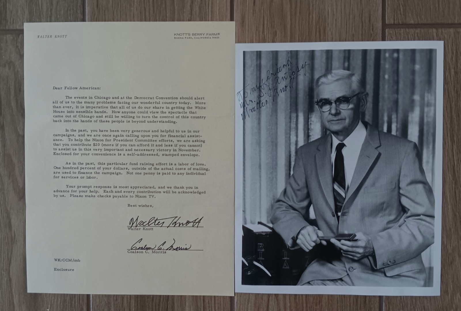 SIGNED WALTER KNOTT Photograph Knott\'s Berry Farm & Political Letter