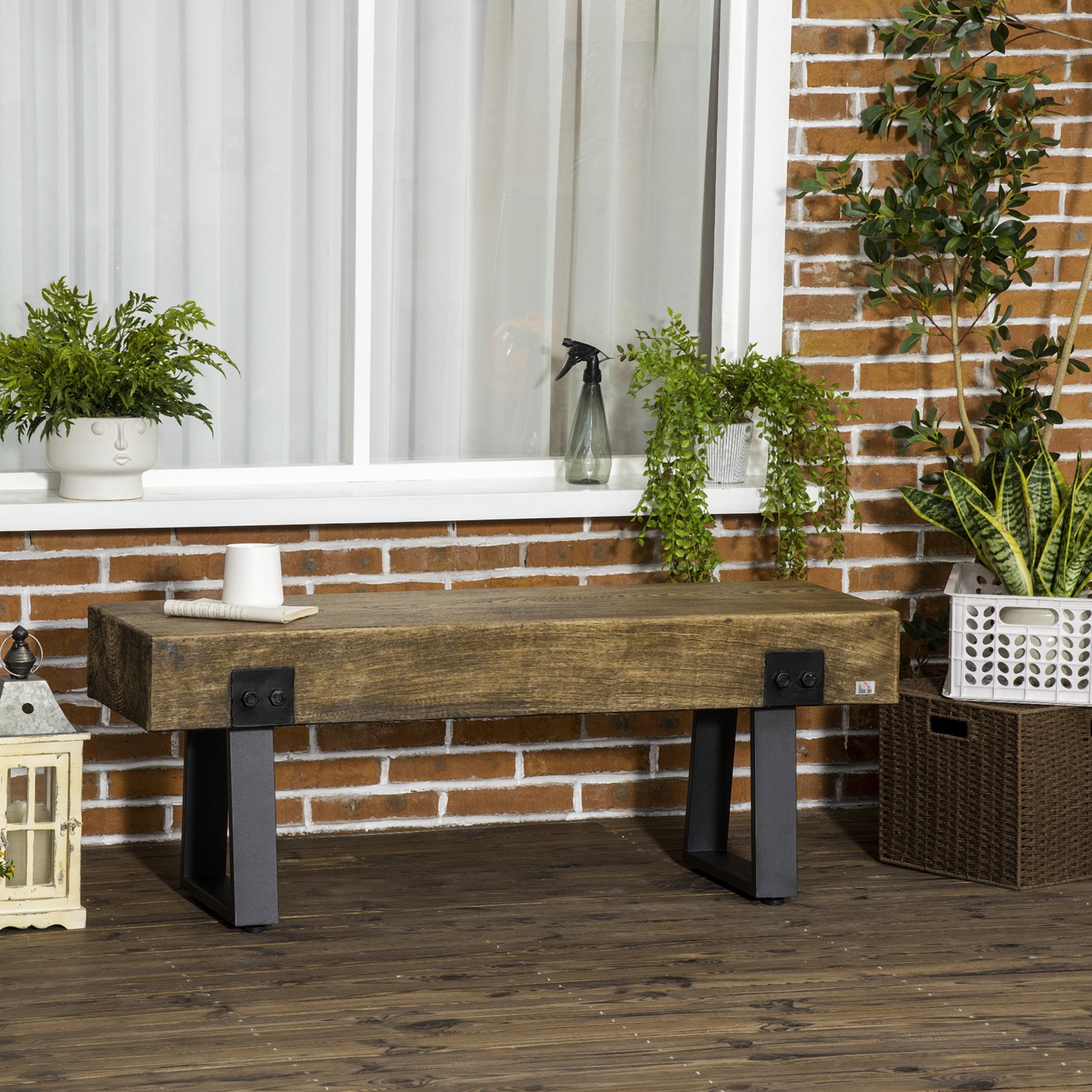 Garden Bench with Metal Legs, Rustic Wood Effect Concrete Dining Bench, Natural