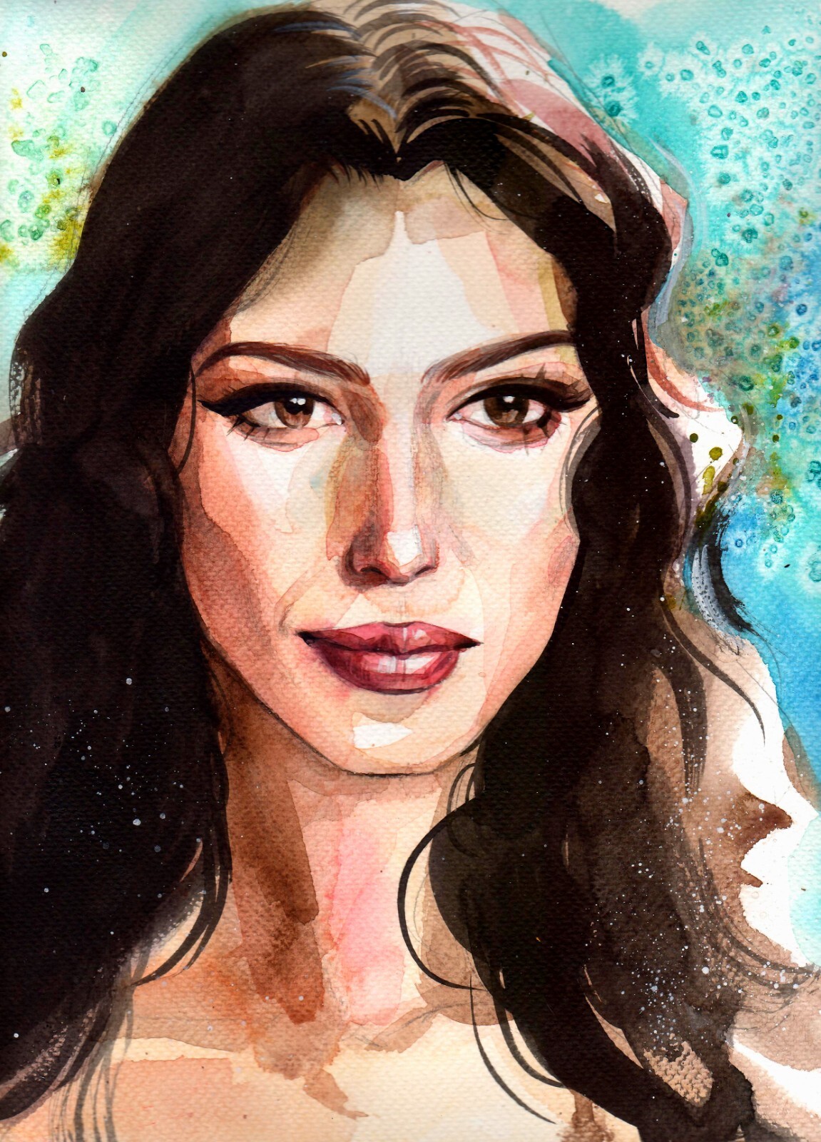 Original Watercolor Painting Brunette Italian Woman Portrait