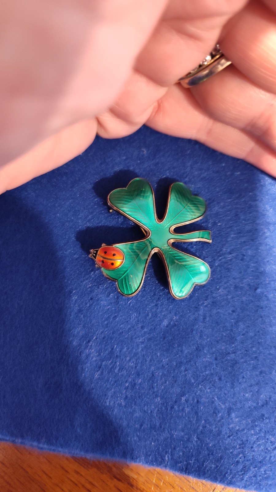 David-Andersen Norway Signed Sterling Silver Green Enamel Clover Brooch Pin