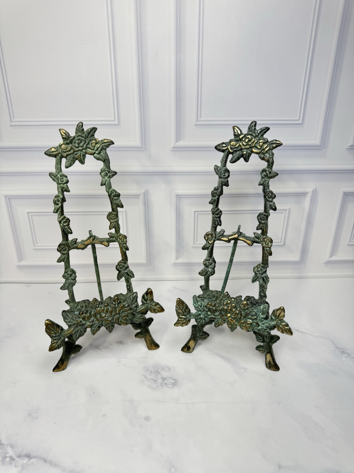 Vintage Pair of Brass Easels Floral Rose Green Verdigris Ornate Baroque Style 9” Vintage Pair of Brass Easels Floral Rose Green Verdigris Ornate Baroque Style 9”