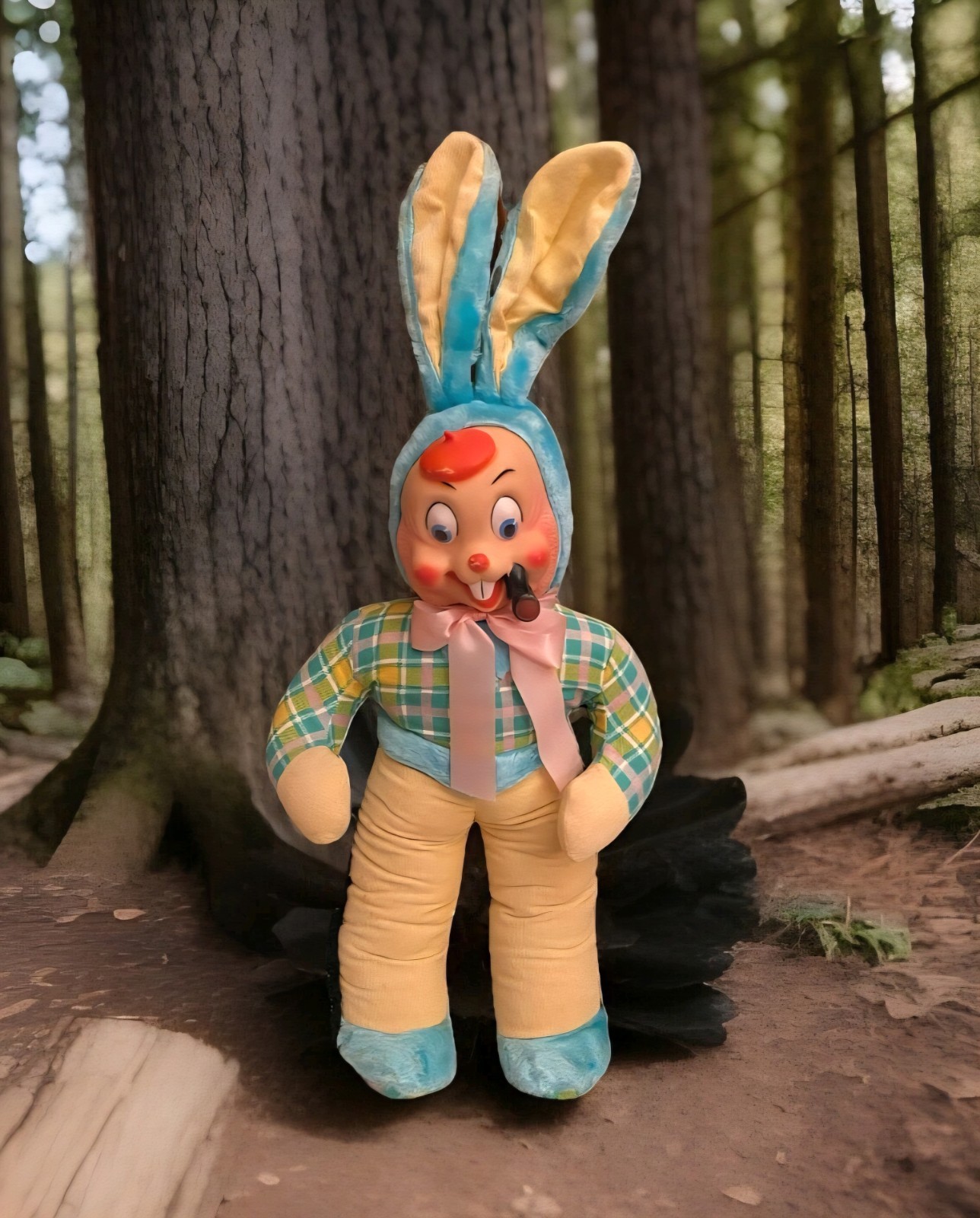 VINTAGE 50s Rushton Rubber Face Plush Toy Doll Easter Bunny Rabbit W/ Pipe 28\ VINTAGE 50s Rushton Rubber Face Plush Toy Doll Easter Bunny Rabbit W/ Pipe 28\