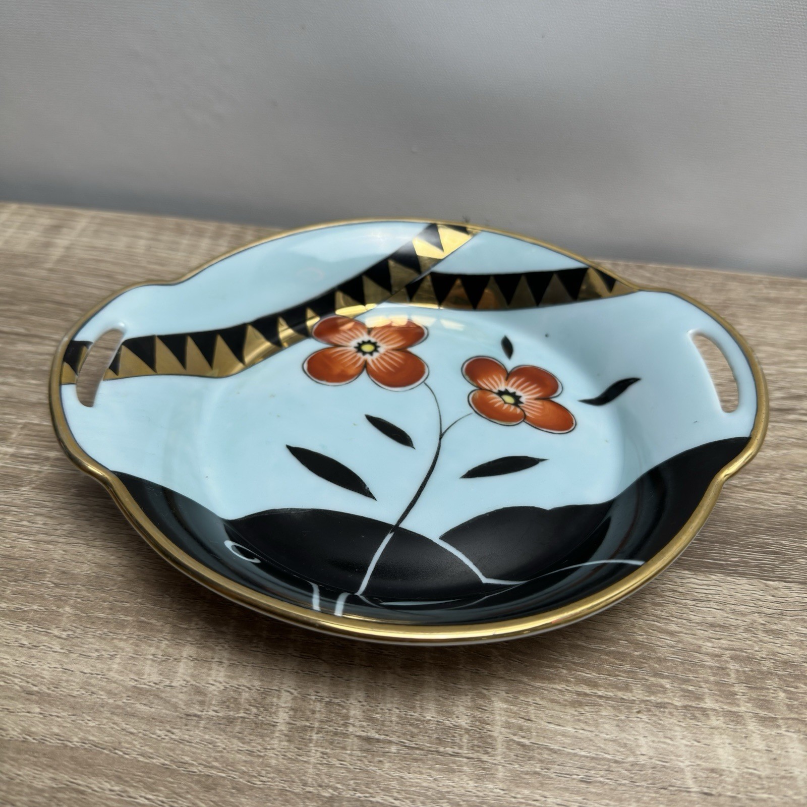 Antique Art Deco Noritake Morimura Handled Dish Plate Poppy Blue Black Gold