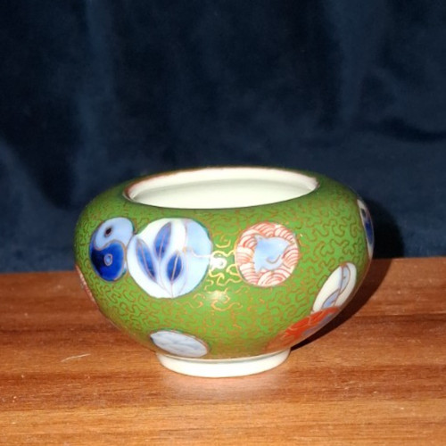 Antique Japanese Miniature Kutani Vase Green Ground Gold Brocade Medallions