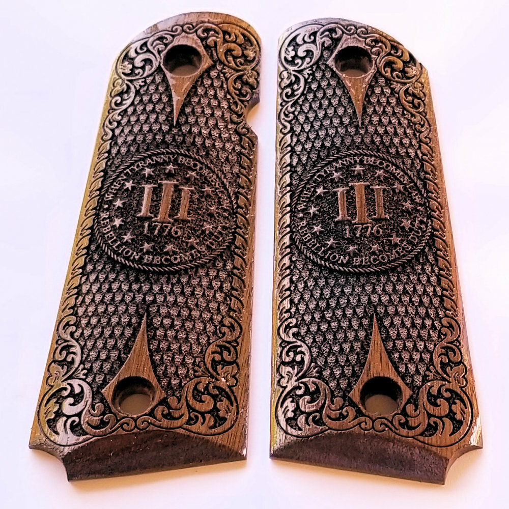 1911 Full Size 3D engraved walnut wood grips Scroll checkered