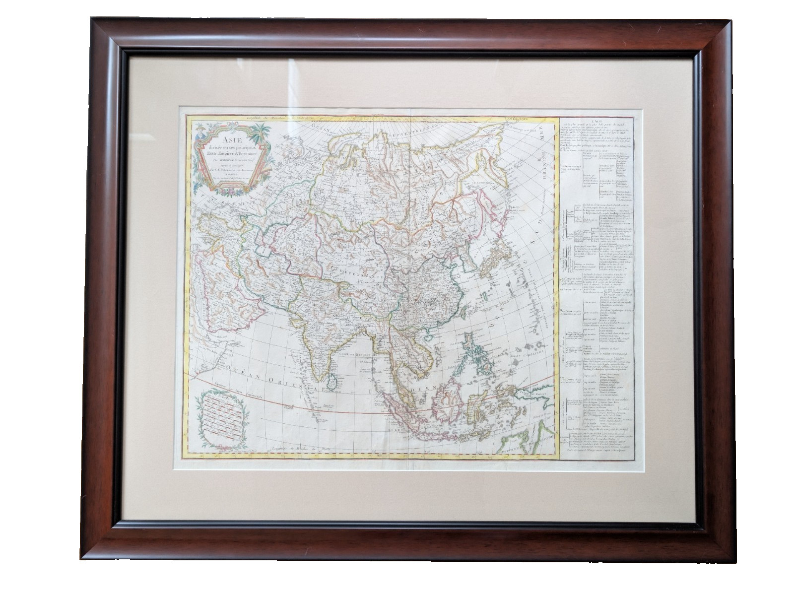 Antique 1791 Map of Asia Robert de Vaugondy Delamarche Hand-Colored Framed