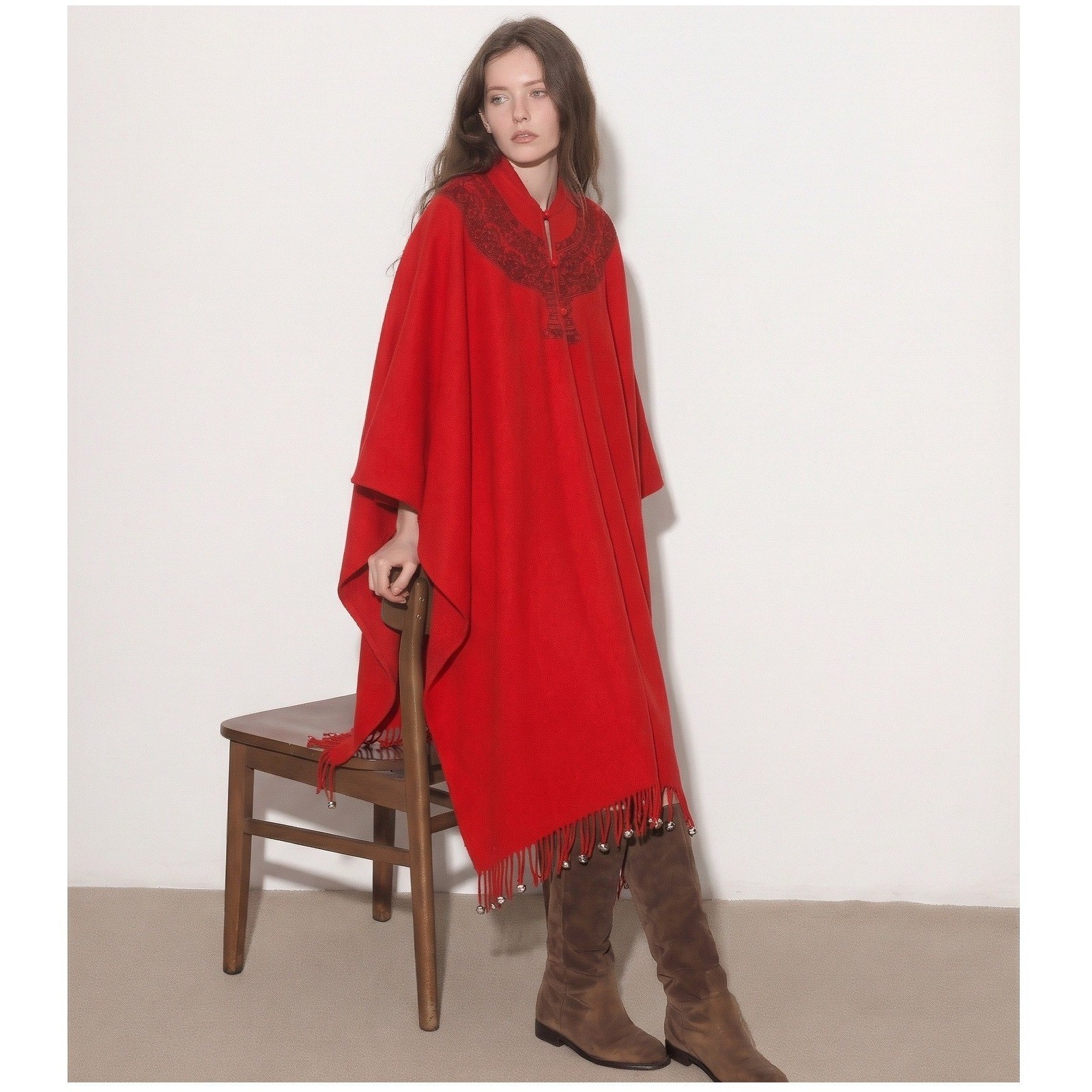 Vtg Molina Women\'s OS Poncho 70s Aztec Mayan Embroidery Fringe Red Prairie Boho