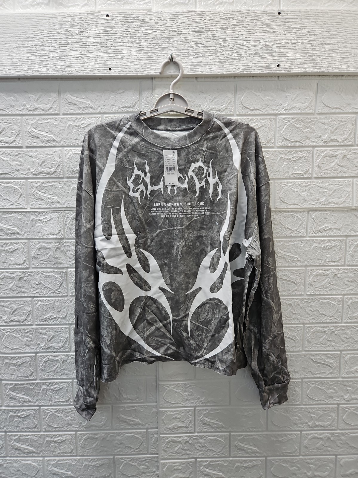 New Pacsun Men\'s Glitch Camo Cropped Long Sleeve Tshirt Washed Black Sz M