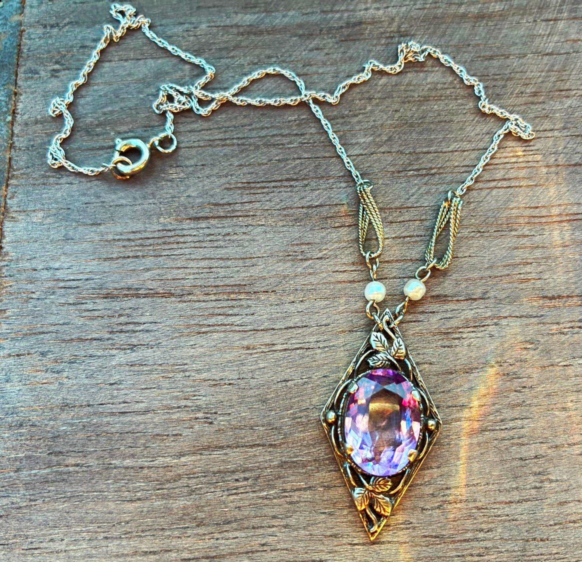 Antique silver amethyst art nouveau floral pendant necklace on ornate chain Antique silver amethyst art nouveau floral pendant necklace on ornate chain