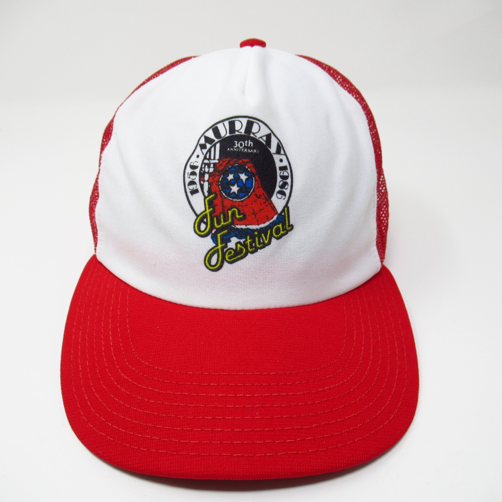 Murray Fun Festival Hat 1986 Trucker Cap Snapback Mesh USA Tennessee Red White Murray Fun Festival Hat 1986 Trucker Cap Snapback Mesh USA Tennessee Red White