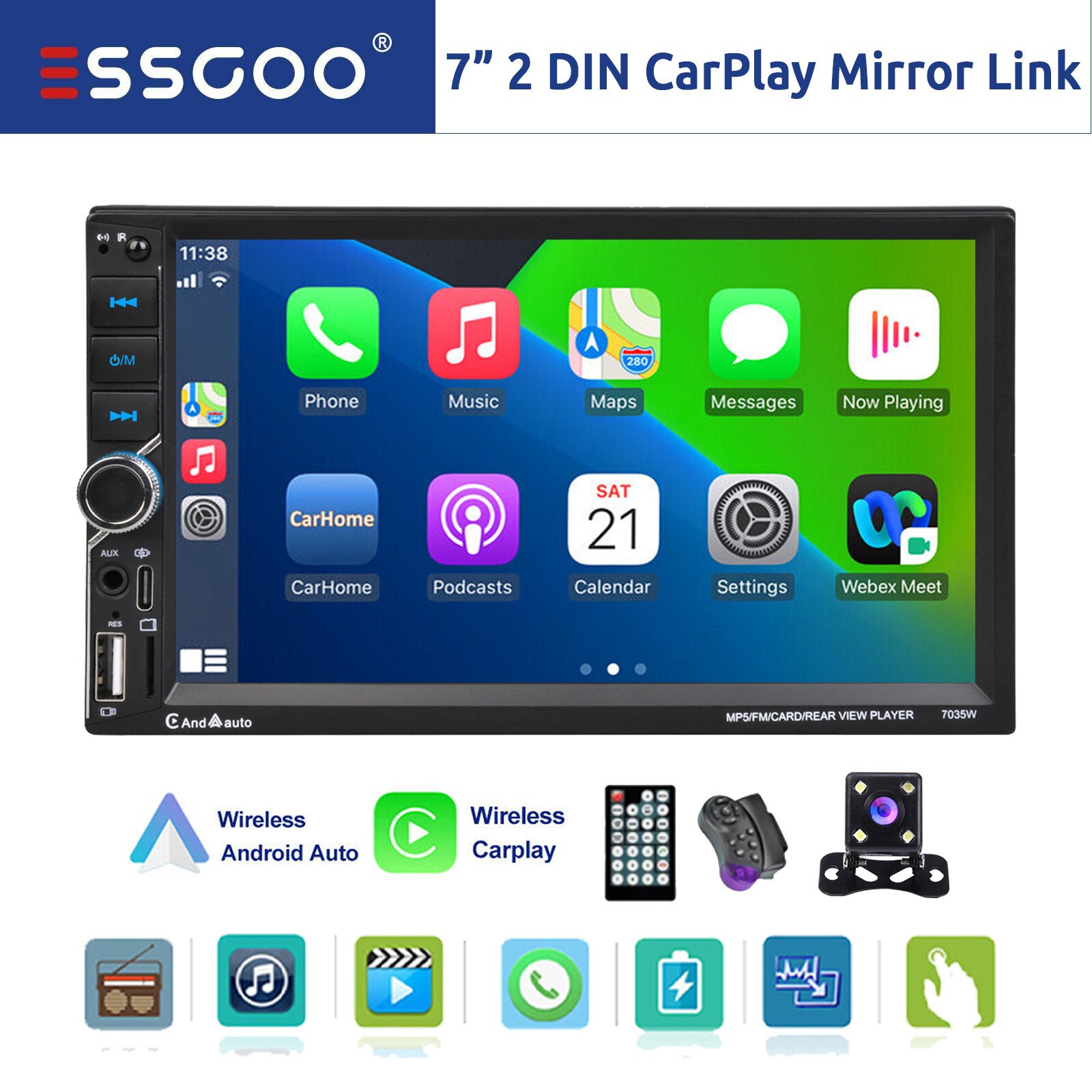 Apple CarPlay Android Auto Car Stereo Bluetooth CAM Radio 7\