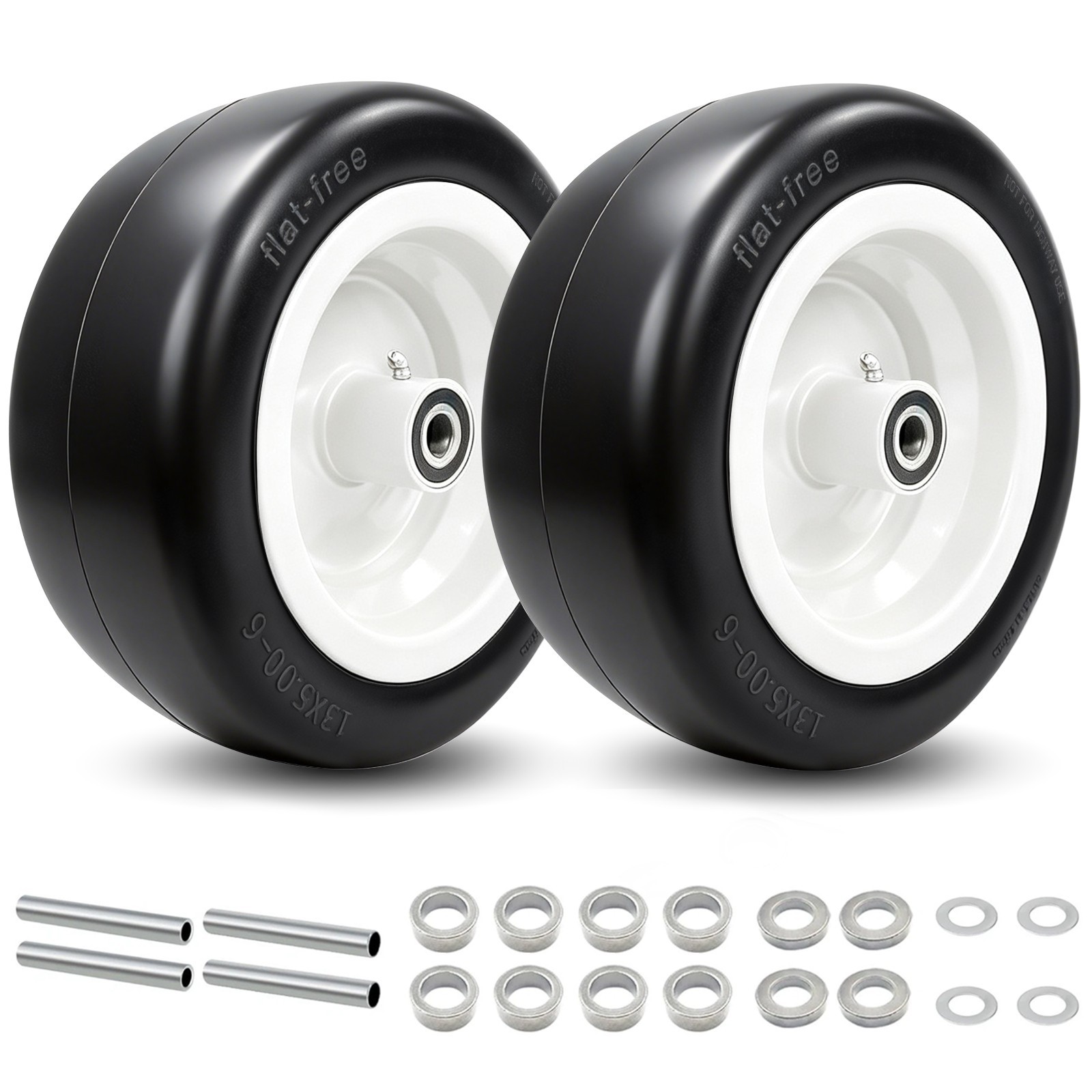 2Pcs 13x5.00-6 Flat Free Tire and Wheel for Lawn Mowers & Zero Turn Mowers