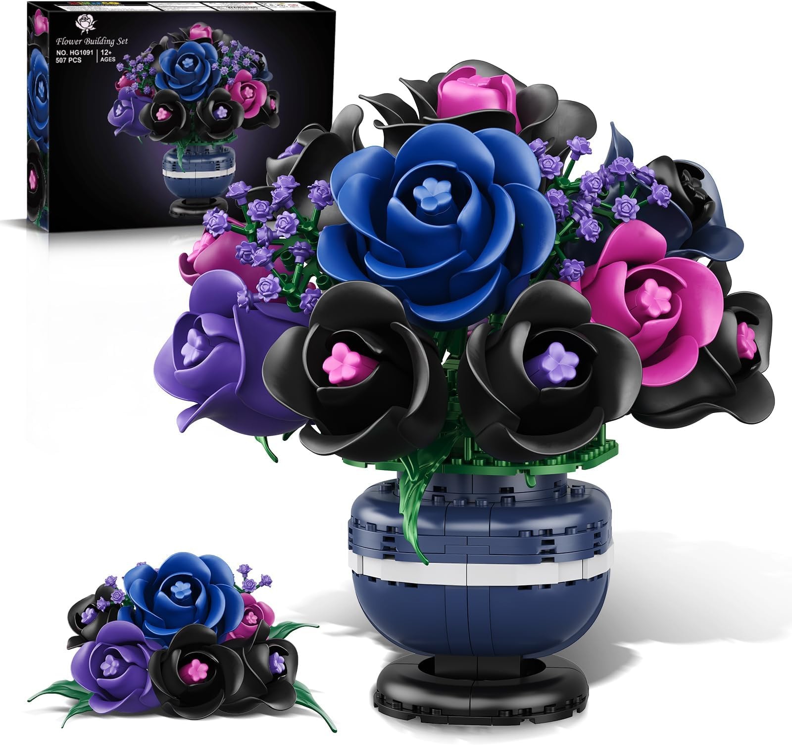 HiWEEGO Purple Flowers Botanicals Building Set 507PCS | Purple Black Rose Bon...