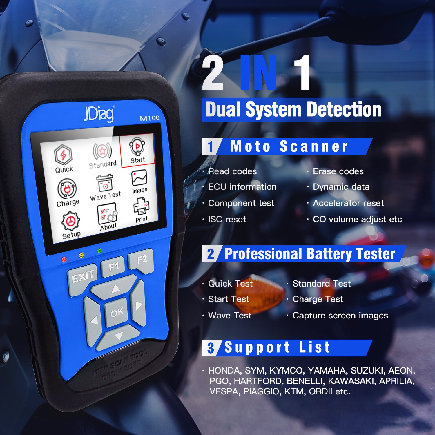 2026 Jdiag M100 Motorcycle Scanner Diagnostic Tool for Honda Yamaha Standard US