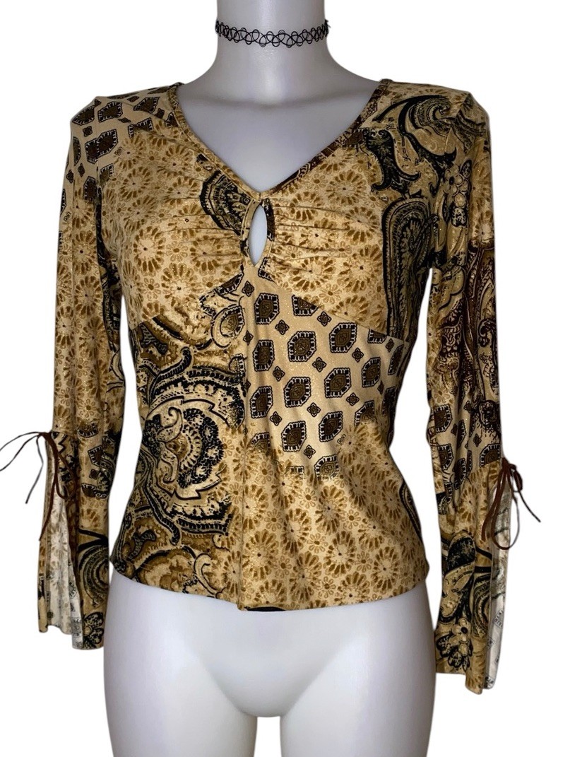 Y2k 90s Womens Brown Patchwork Babydoll Grunge Whimsigoth Coquette Top Sz M
