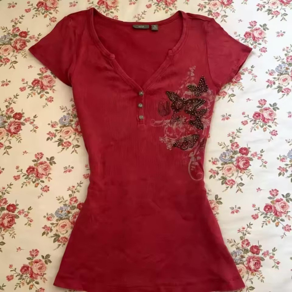 Womens Red Butterfly Rhinestone Tshirt Y2k