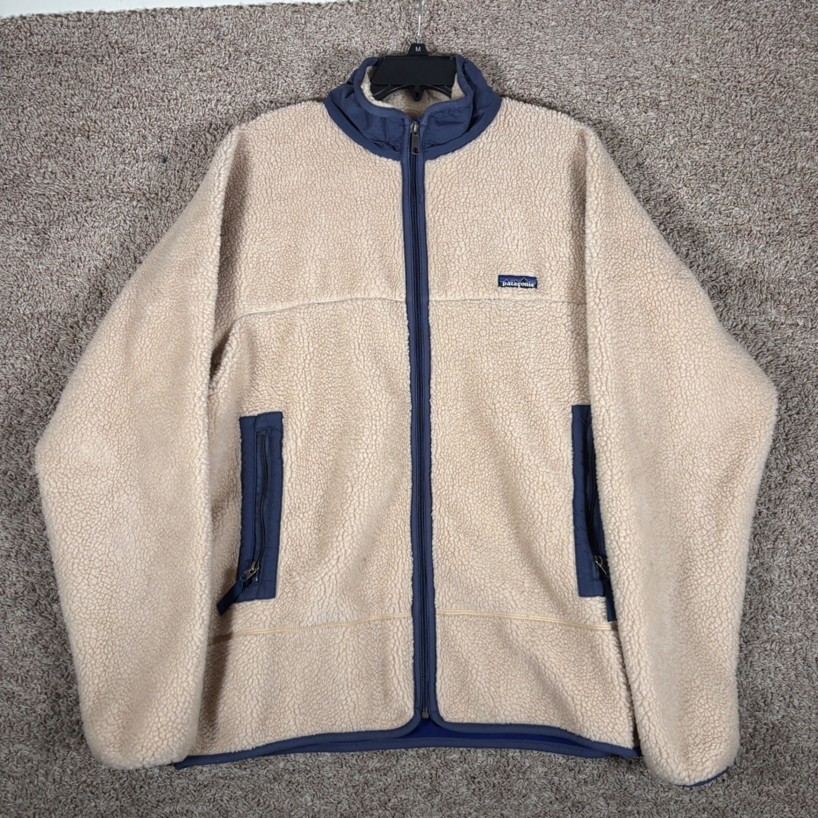 Patagonia Mens Vintage Retro-X Deep Pile Fleece Jacket XL Natural Navy Blue USA