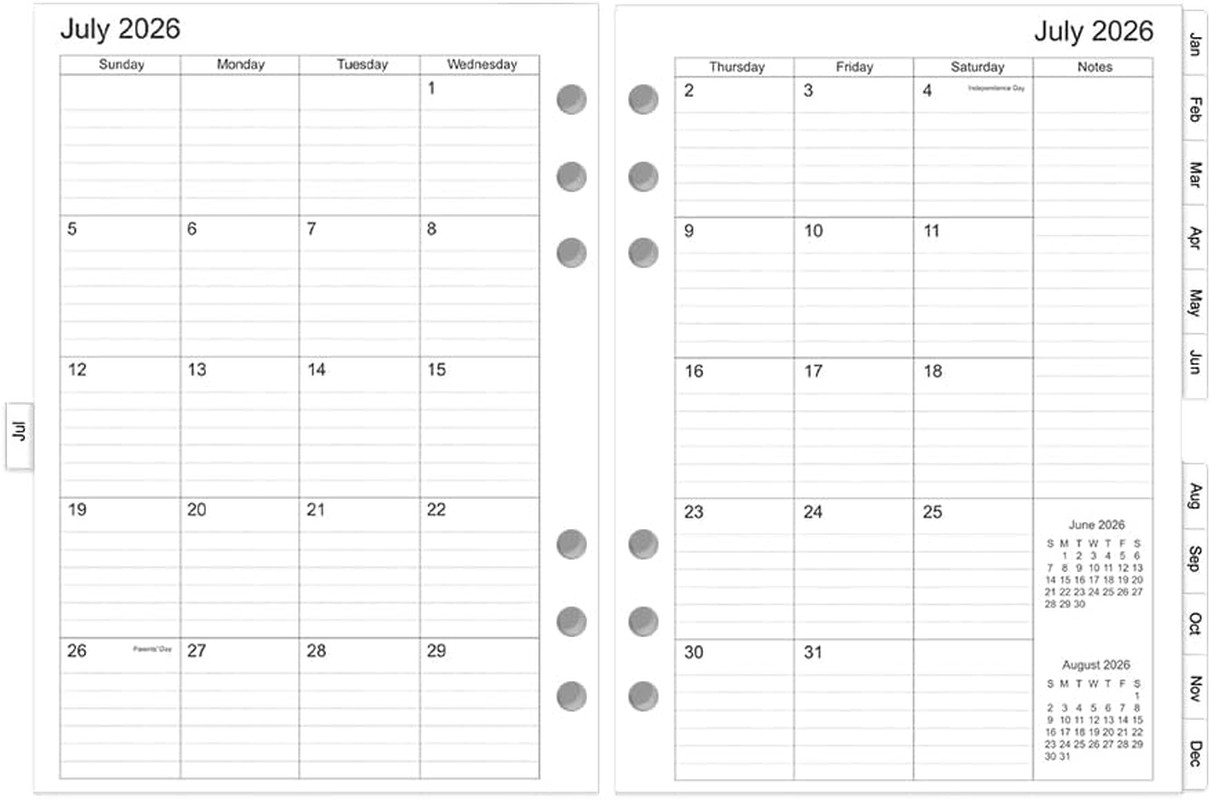 2026-2027 Monthly Planner Refills, Two Pages per Month,Jul 2026 to Jun 2027, A5