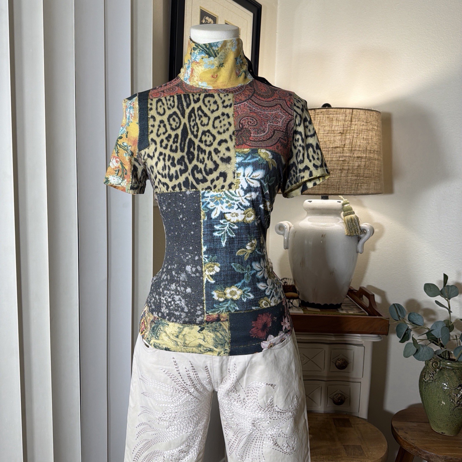 Vintage Roberto Cavalli Boho Patchwork Mockneck Short Sleeve Top Vintage Roberto Cavalli Boho Patchwork Mockneck Short Sleeve Top