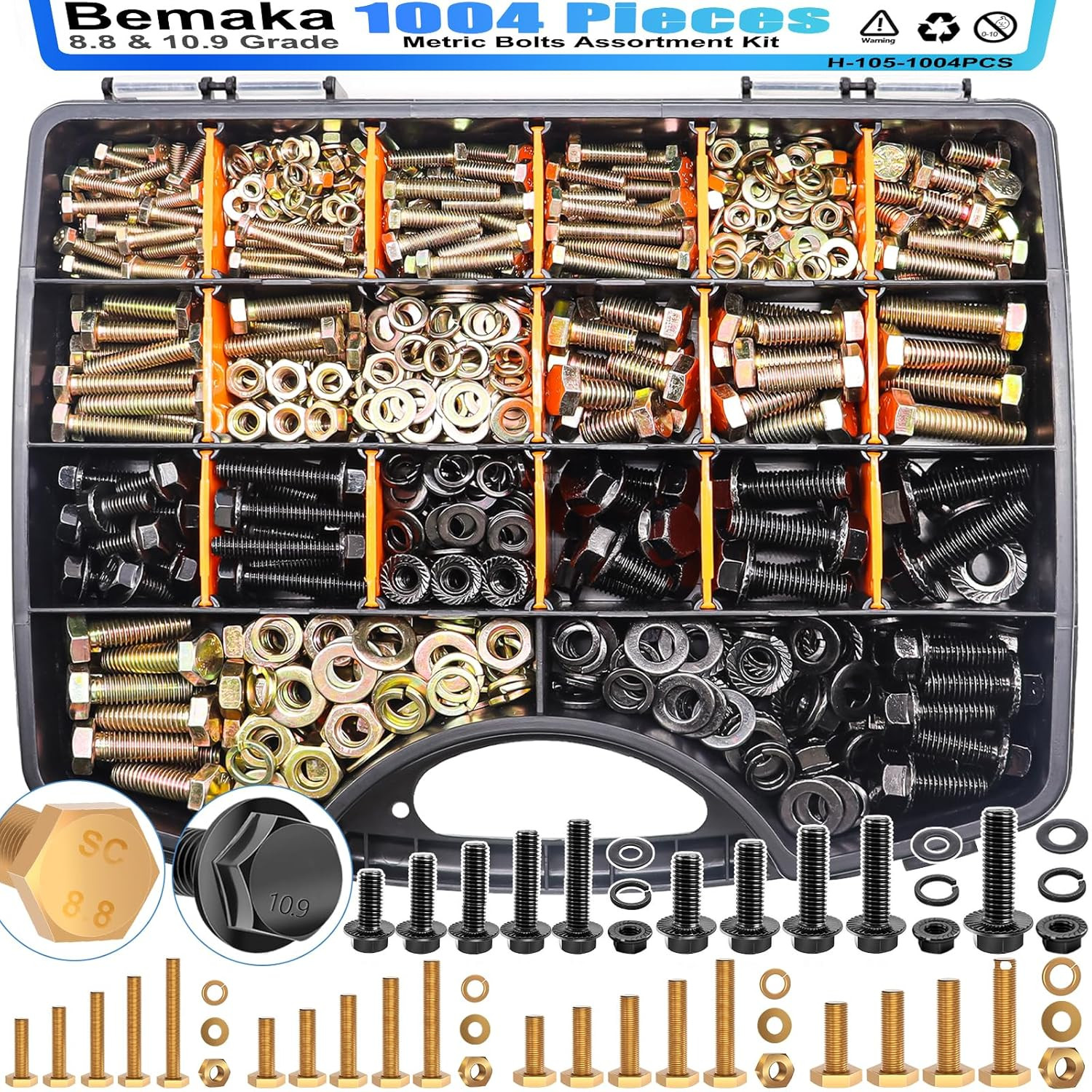 1004Pcs Metric Bolts and Nuts Assortment Kit - Grade 8.8 & 10.9
