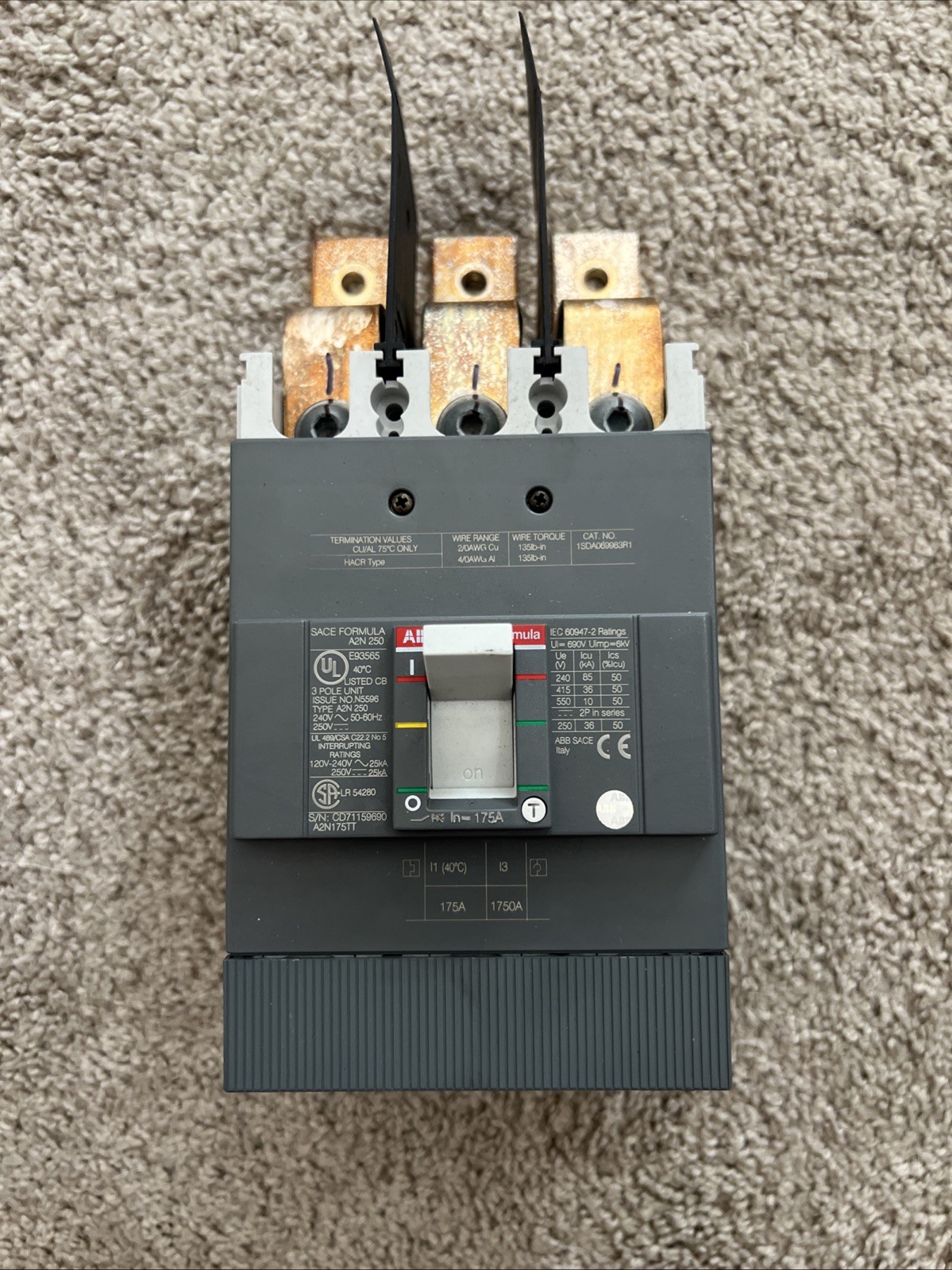 A2N175TT ABB 3-Pole 175A Circuit Breaker With Load Side Lugs NEW 🟥