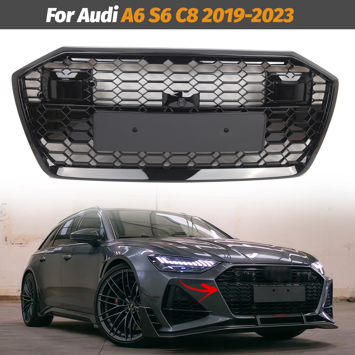 RS6 Style Front Bumper Black Honeycomb Grille Grill For Audi A6 S6 C8 2019-2023
