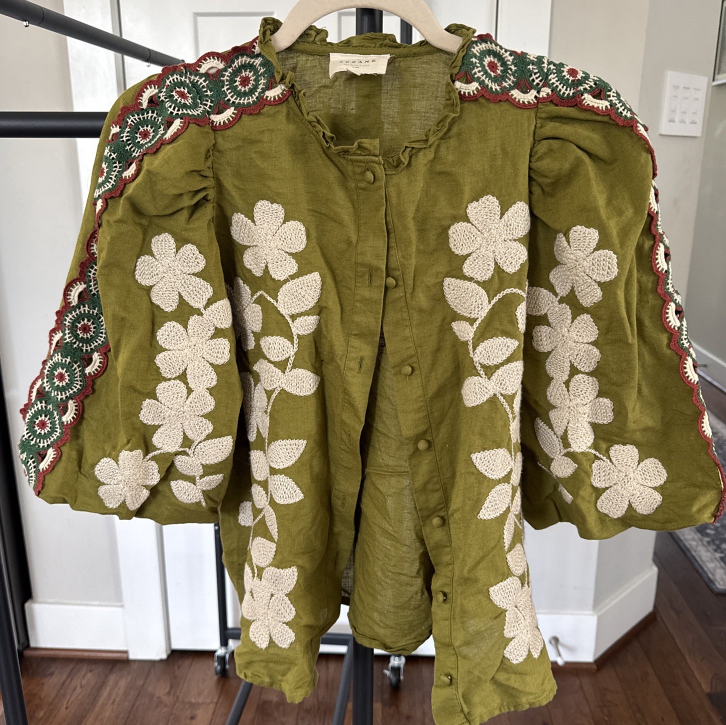 Rare Sézane x Anton Embroidered 100% Cotton Blouse Green FR 36, US 6 Rare Sézane x Anton Embroidered 100% Cotton Blouse Green FR 36, US 6