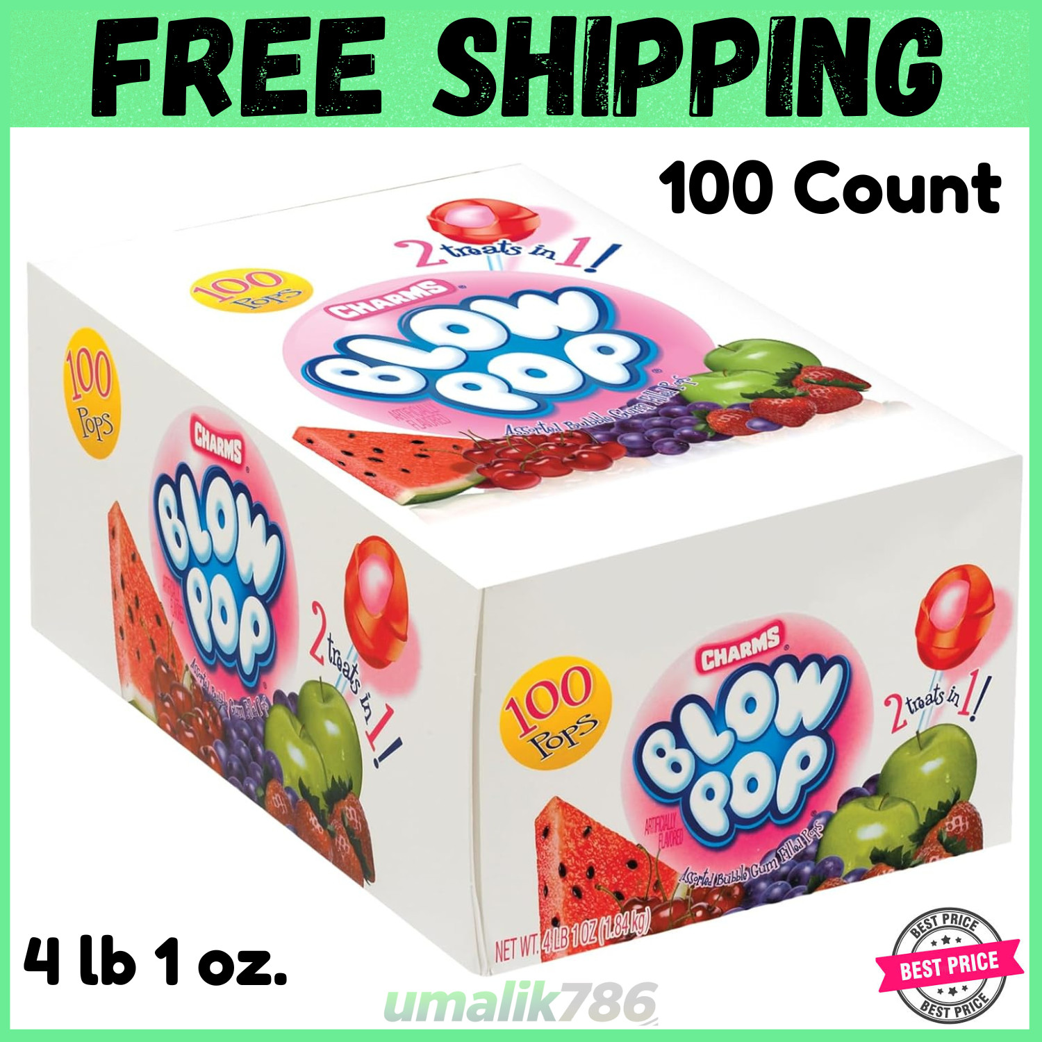 Charms Blow Pops, Assorted Flavors, 100-Count, 4lb 1oz Box