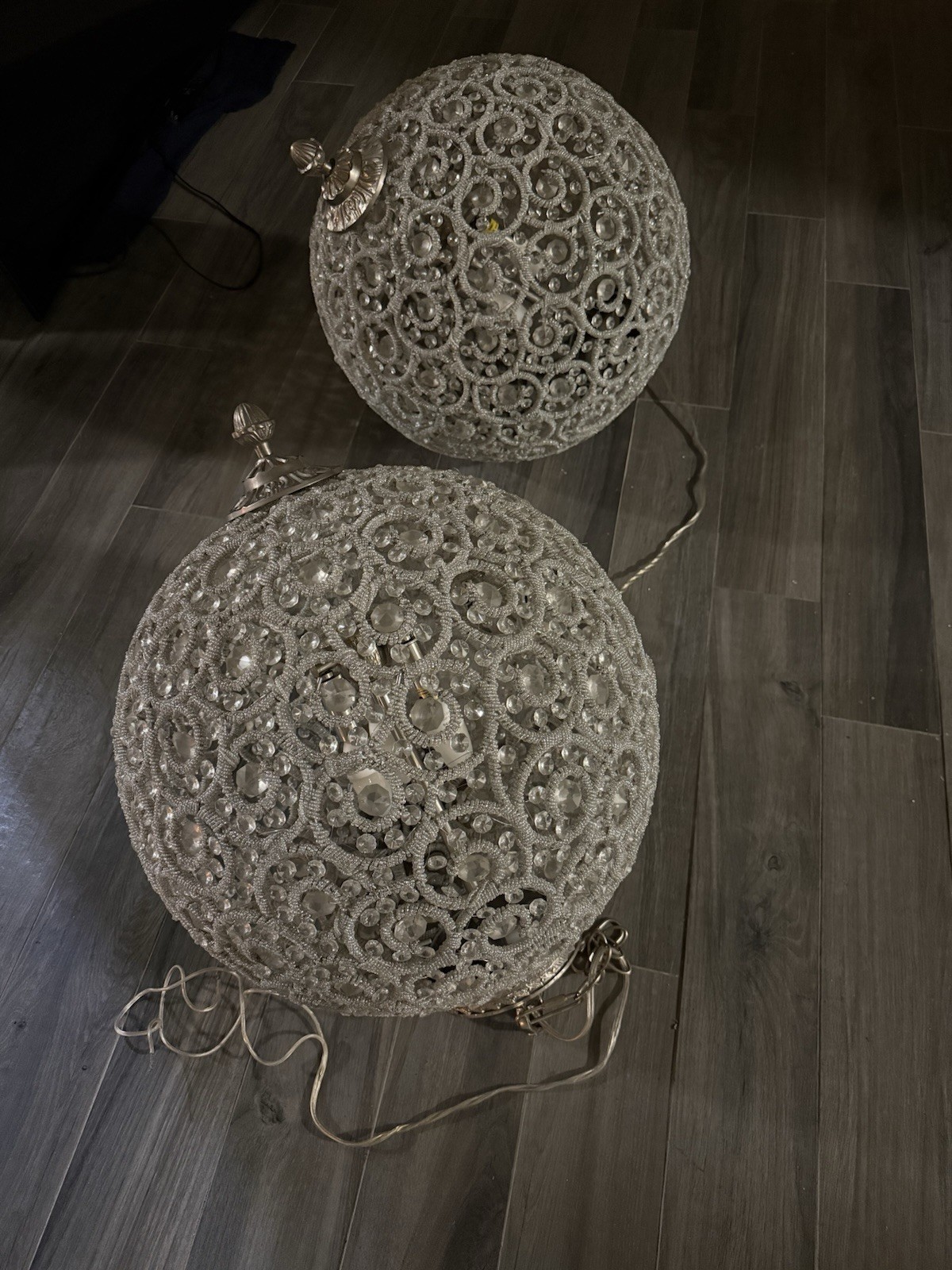 Set Of 2 Ethan Allen Crystal Orb Pendant Chandeliers - Elegant Beaded Globe Set Of 2 Ethan Allen Crystal Orb Pendant Chandeliers - Elegant Beaded Globe