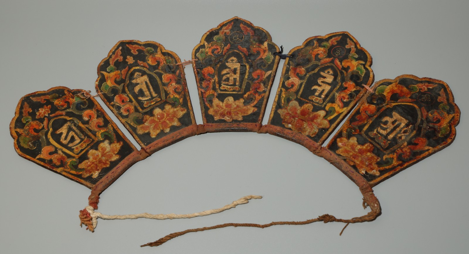 Tibet 18th Century Old Antique Buddhist Painted Mantra Tangka Buddha Crown Hat