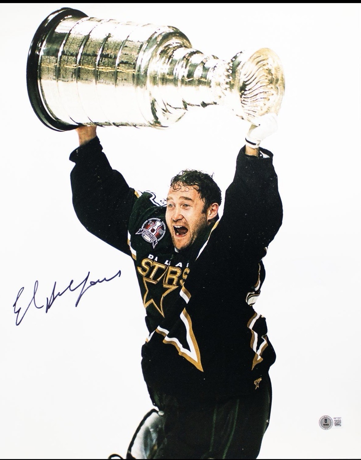 Ed Belfour Signed Dallas Stars 16x20 Photo (Beckett Witness) Stanley Cup Cel