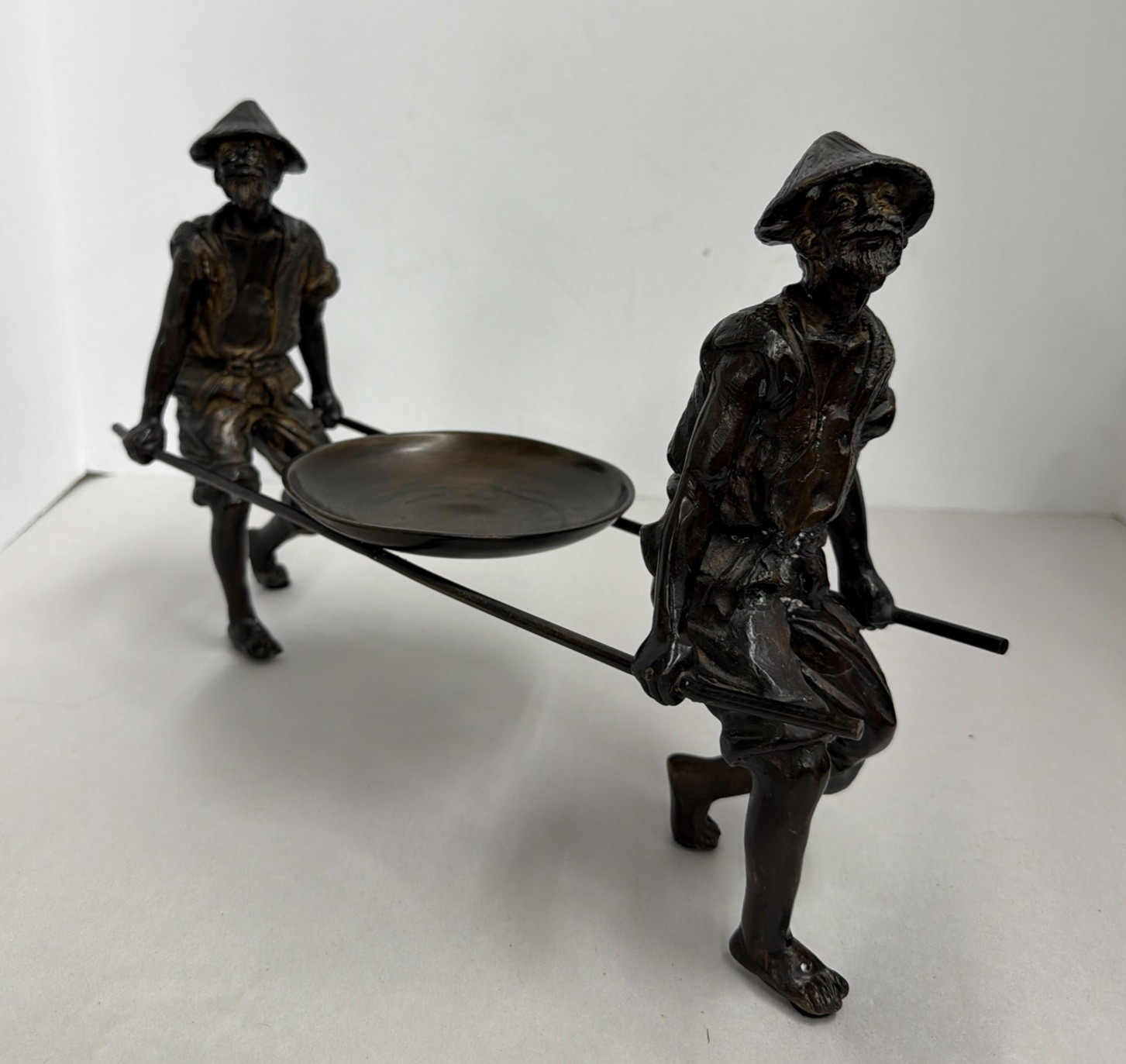 Vintage Asian Bronze Porter Figures Carrying Tray Sculpture Figurine Decor