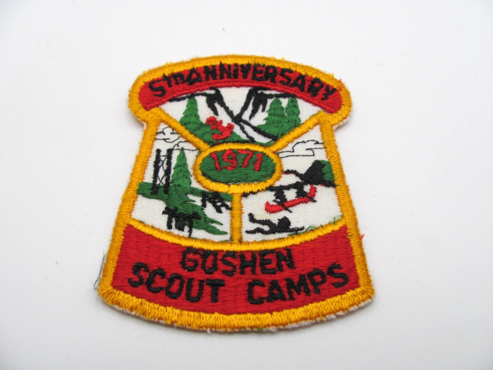 VINTAGE 1971 BOY SCOUTS 5TH ANNIVERSARY GOSHEN SCOUT CAMPS PATCH (USED) VINTAGE 1971 BOY SCOUTS 5TH ANNIVERSARY GOSHEN SCOUT CAMPS PATCH (USED)