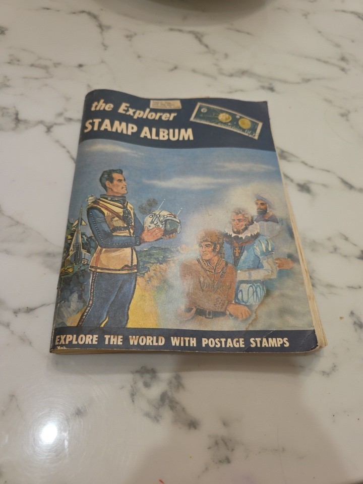 1965 The Explorer Stamp Album 420+ Stamps Early US Postage water damaged a bit 1965 The Explorer Stamp Album 420+ Stamps Early US Postage water damaged a bit