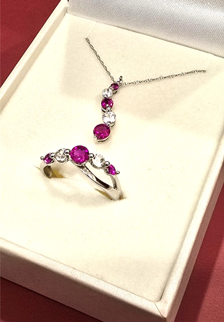 Vintage 10K White Gold Red White Sapphire Ring Pendant Necklace Set Sz 6.5