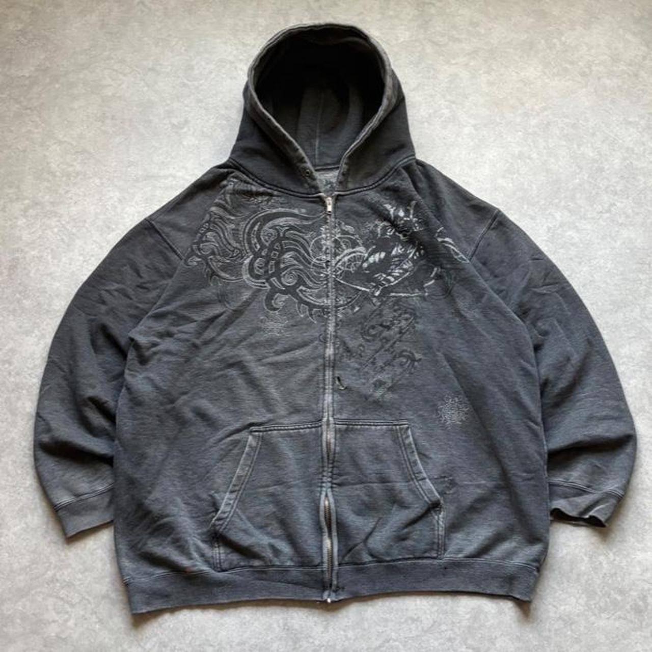 Vintage 2000s Y2K Grunge Graphic Gray Zip Up Hoodie Skater Streetwear Mens XL Vintage 2000s Y2K Grunge Graphic Gray Zip Up Hoodie Skater Streetwear Mens XL