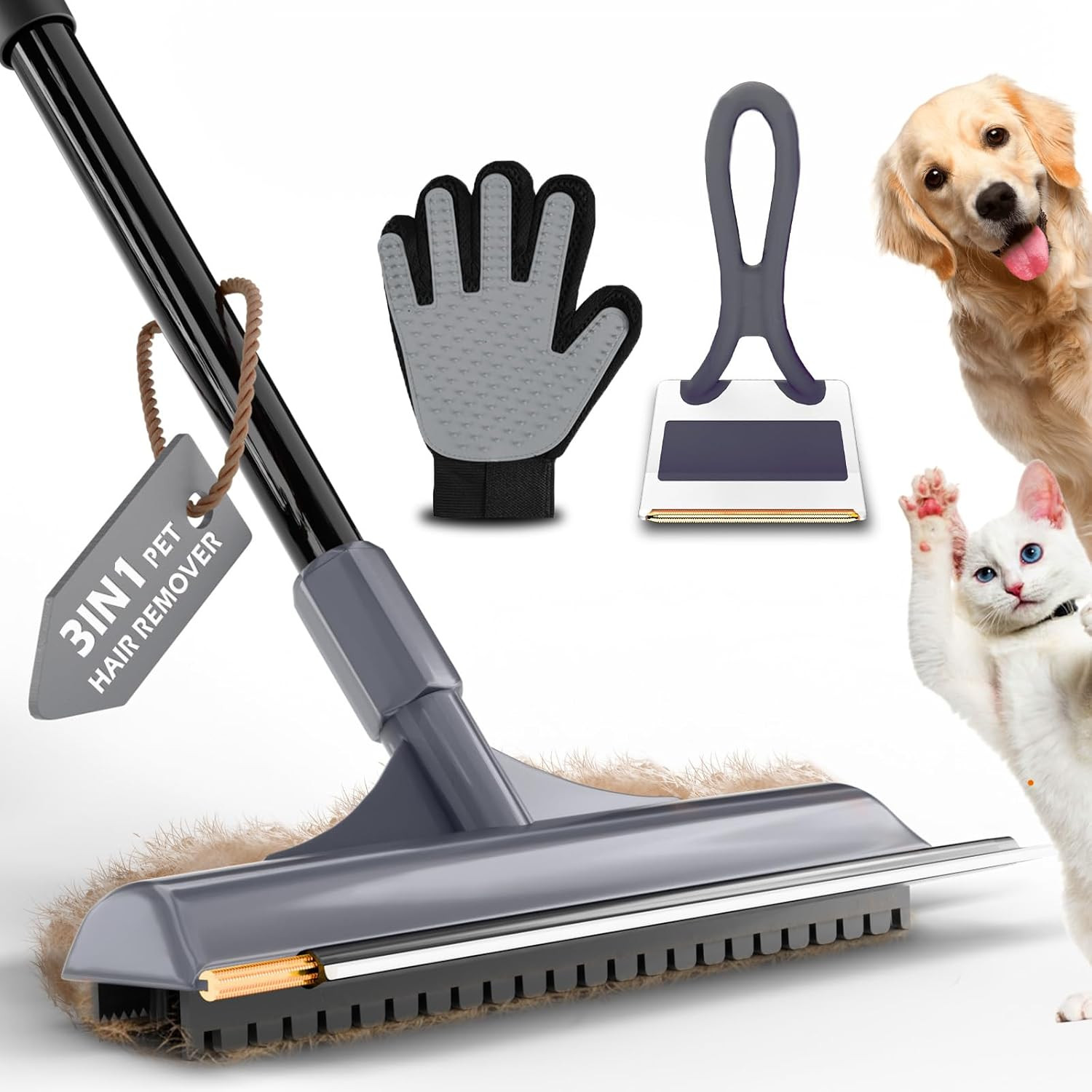 Carpet Rake for Pet Hair Removal - Reusable Dog & Cat Hair Remover with 58