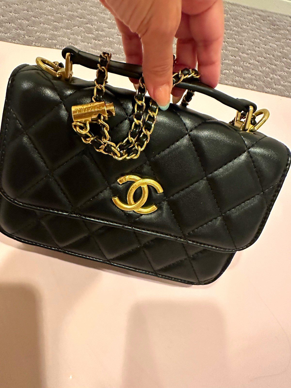 CHANEL Black Quilted Top Handle Bag Gold Hardware Chain Strap Magnetic Flap CHANEL Black Quilted Top Handle Bag Gold Hardware Chain Strap Magnetic Flap