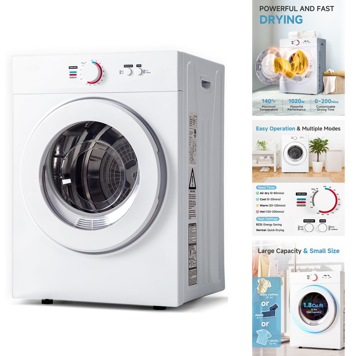 Feelfunn 1020W Portable Clothes Dryer 1.8 Cu.Ft. 4 Automatic Drying Modes