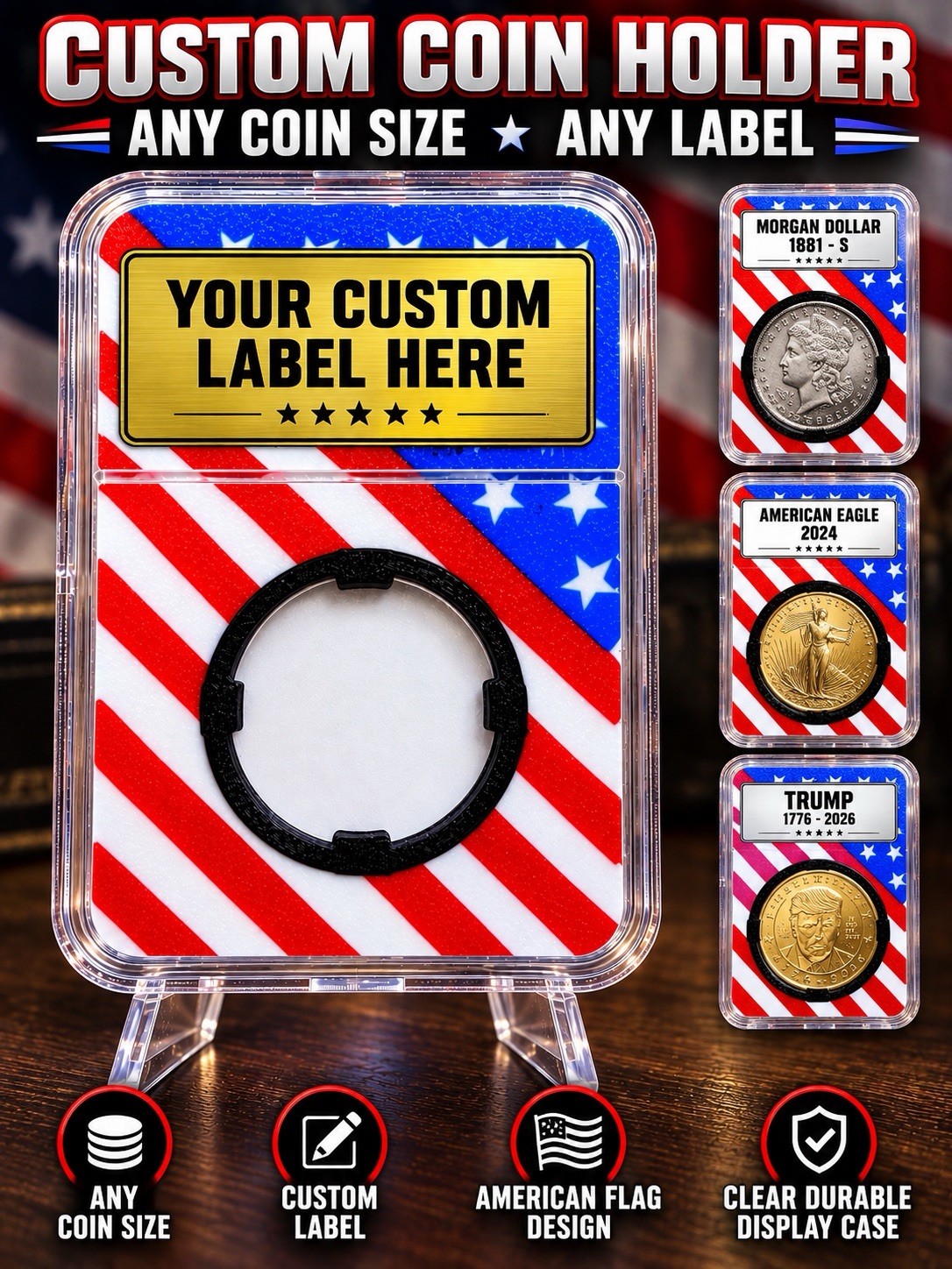 Custom American Flag Coin Holder Slab – Any Coin Size – Personalized Label