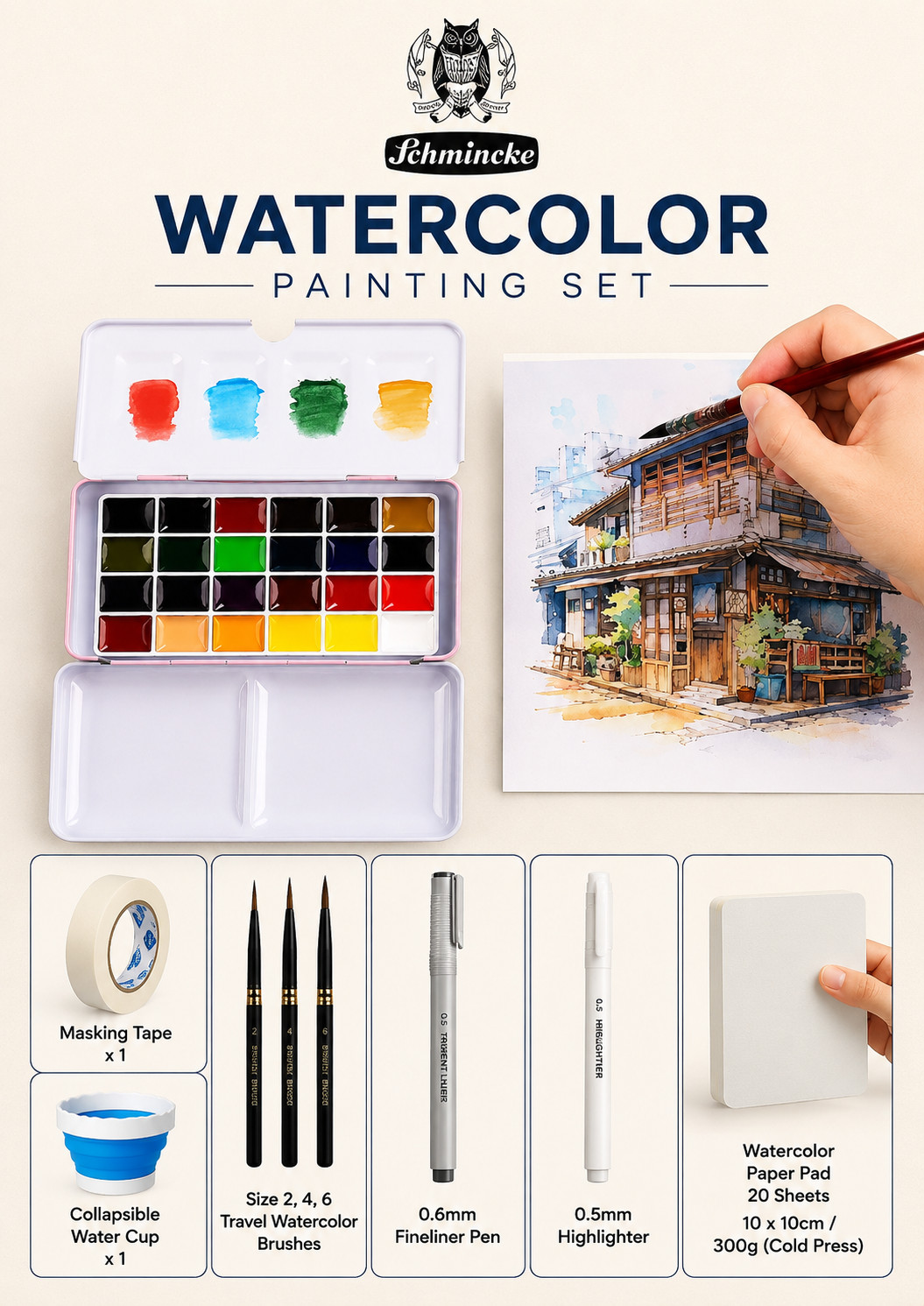 24-Color Schmincke  Watercolor(1ml) Travel Set with Brushes & Accessories