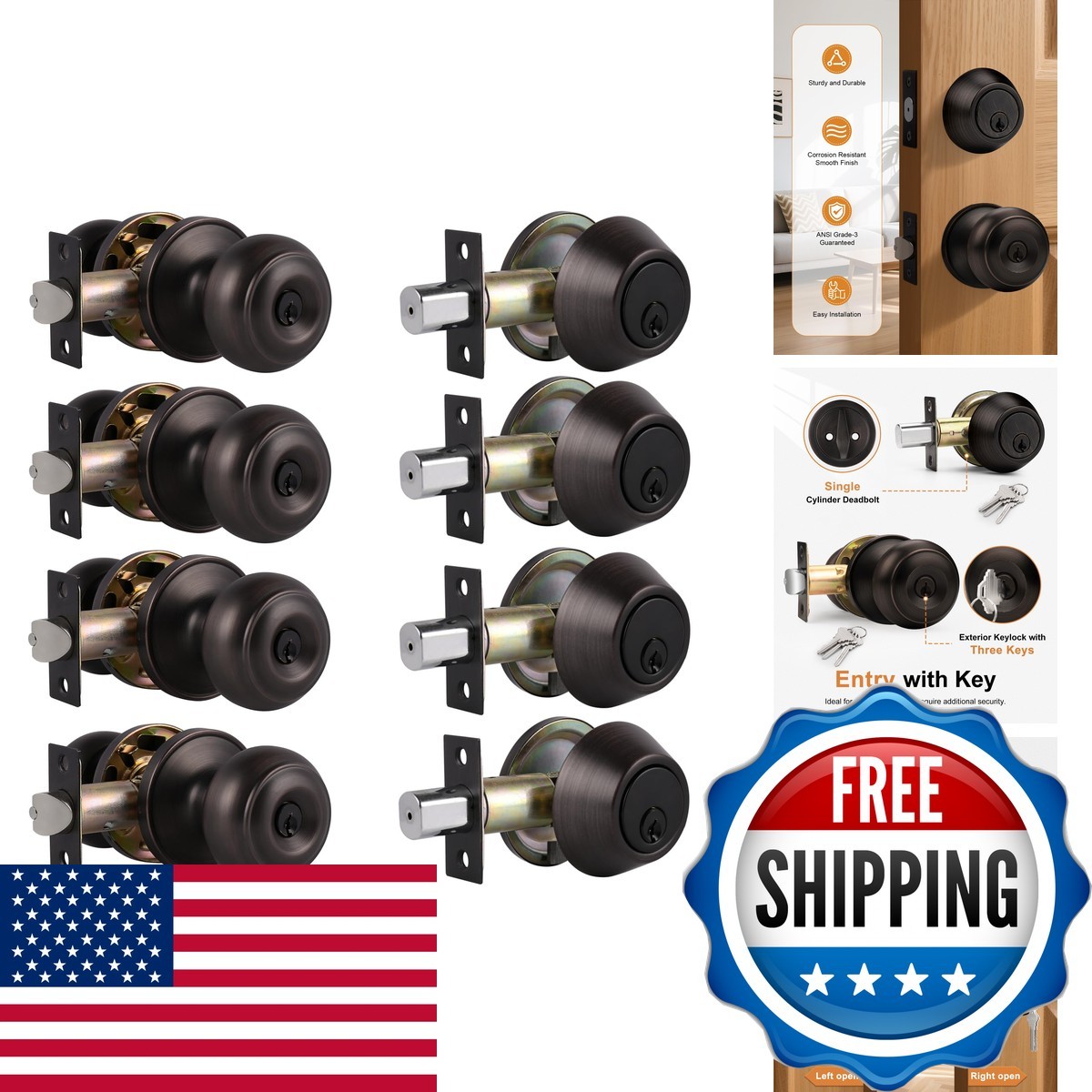 Probrico 4Pack Oil Rubbed Bronze Door Knob & Deadbolt Lock Set Keyed Alike