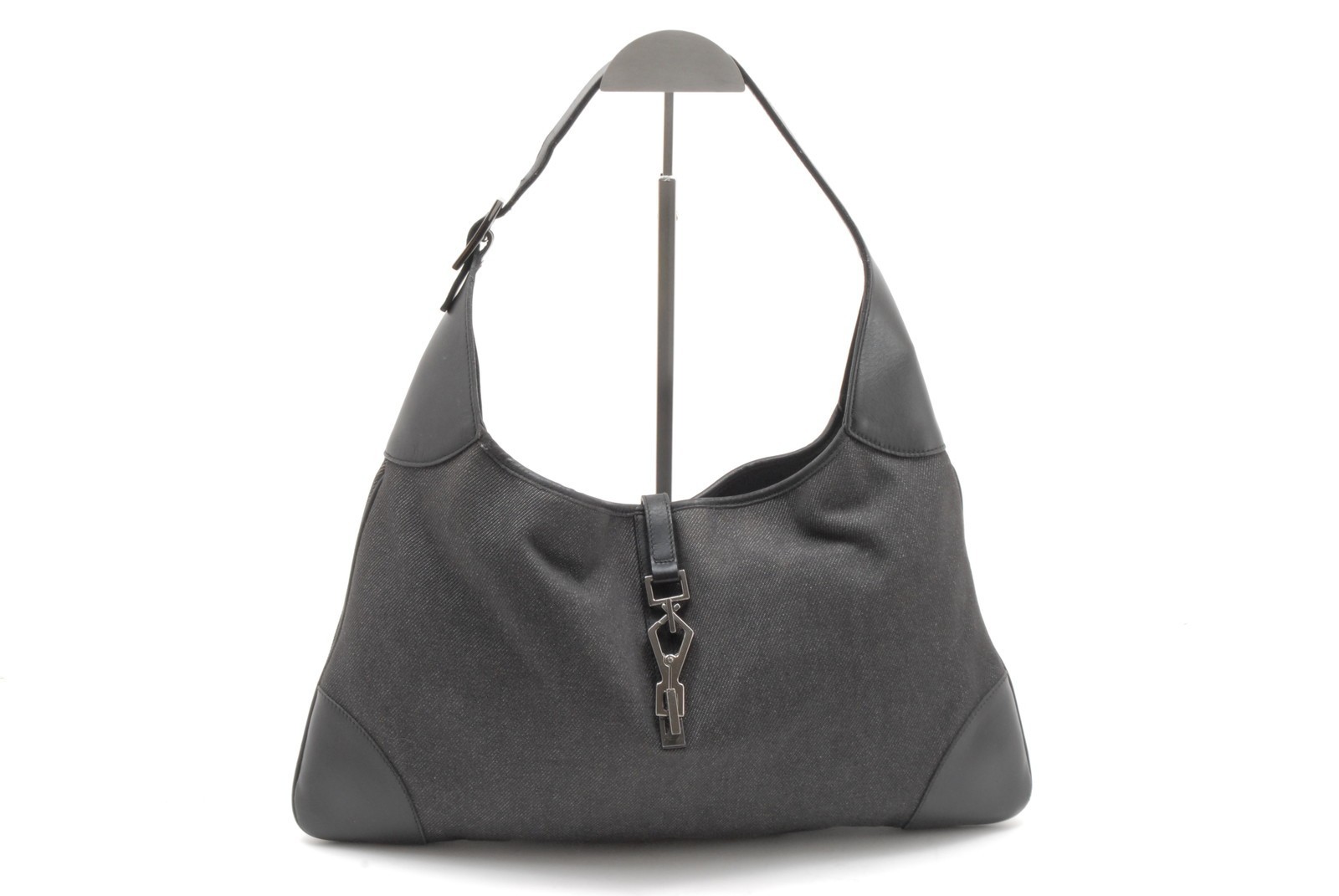 GUCCI Jackie Shoulder Bag Gray Black Canvas Leather