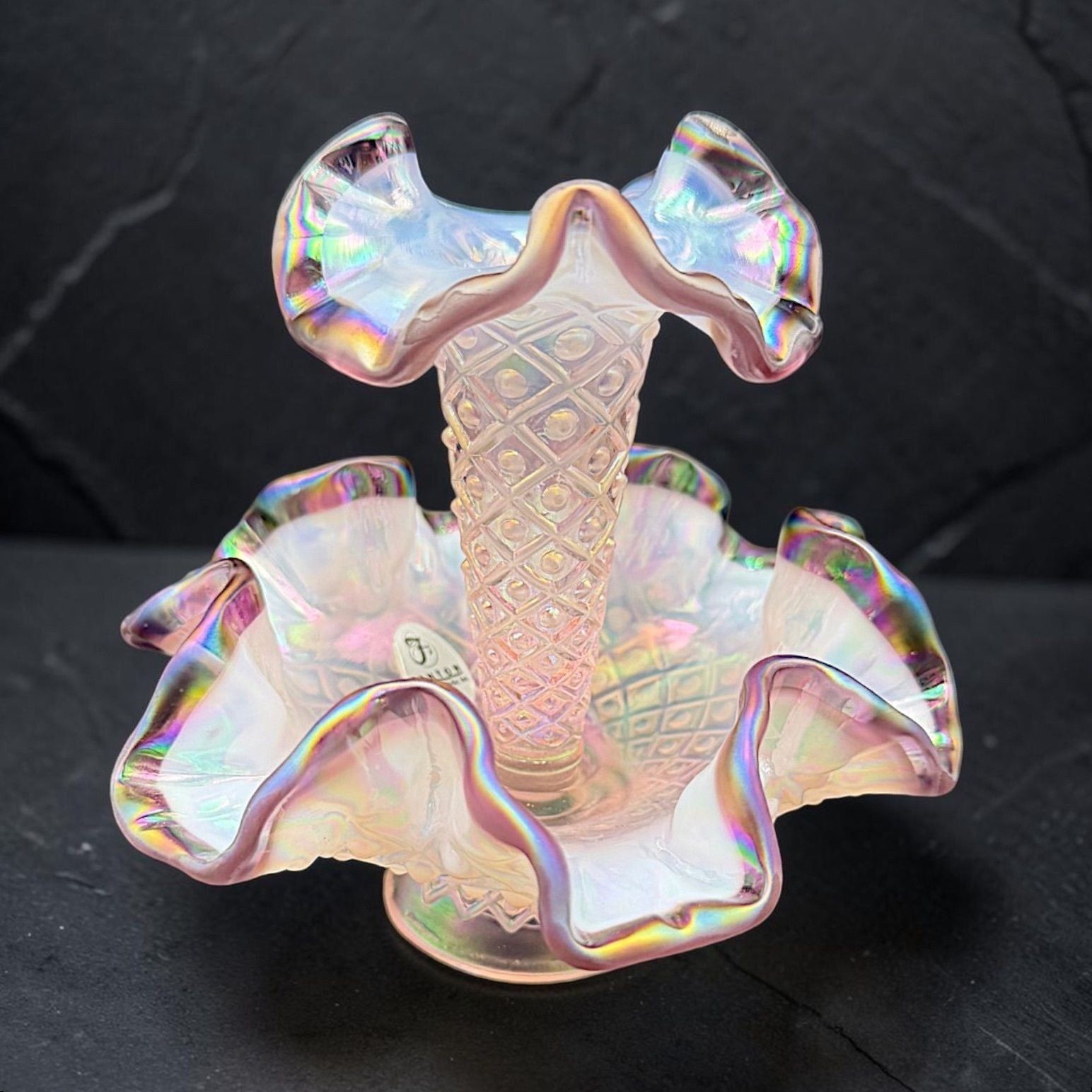 VintageFenton Diamond Lace Mini Epergne Pink Opalescent Iridescent Glass 5\ VintageFenton Diamond Lace Mini Epergne Pink Opalescent Iridescent Glass 5\