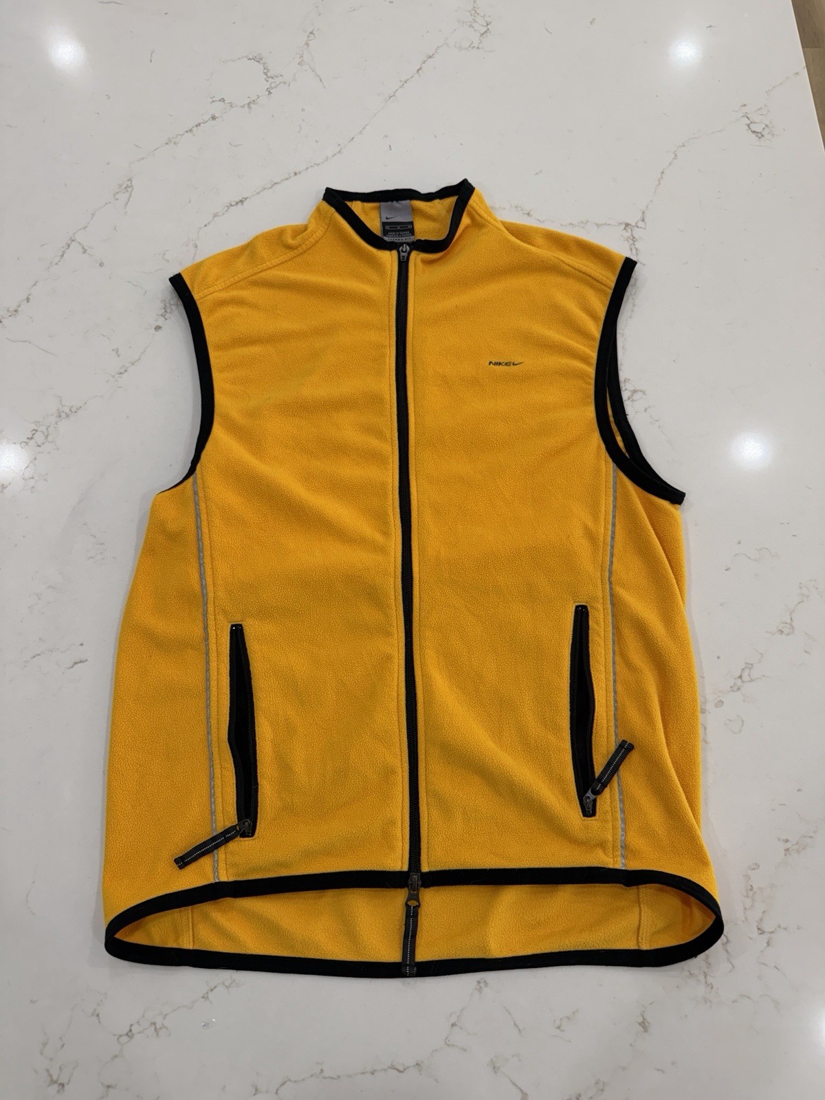 Vintage Nike Yellow Fleece Vest Full Zip Black Trim Reflective Stripe Y2K Vintage Nike Yellow Fleece Vest Full Zip Black Trim Reflective Stripe Y2K